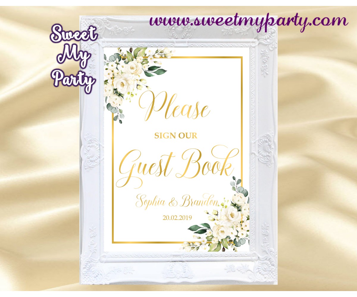 Ivory Roses Guest Book Sign,Cream Roses Guest Book sign,(123b)